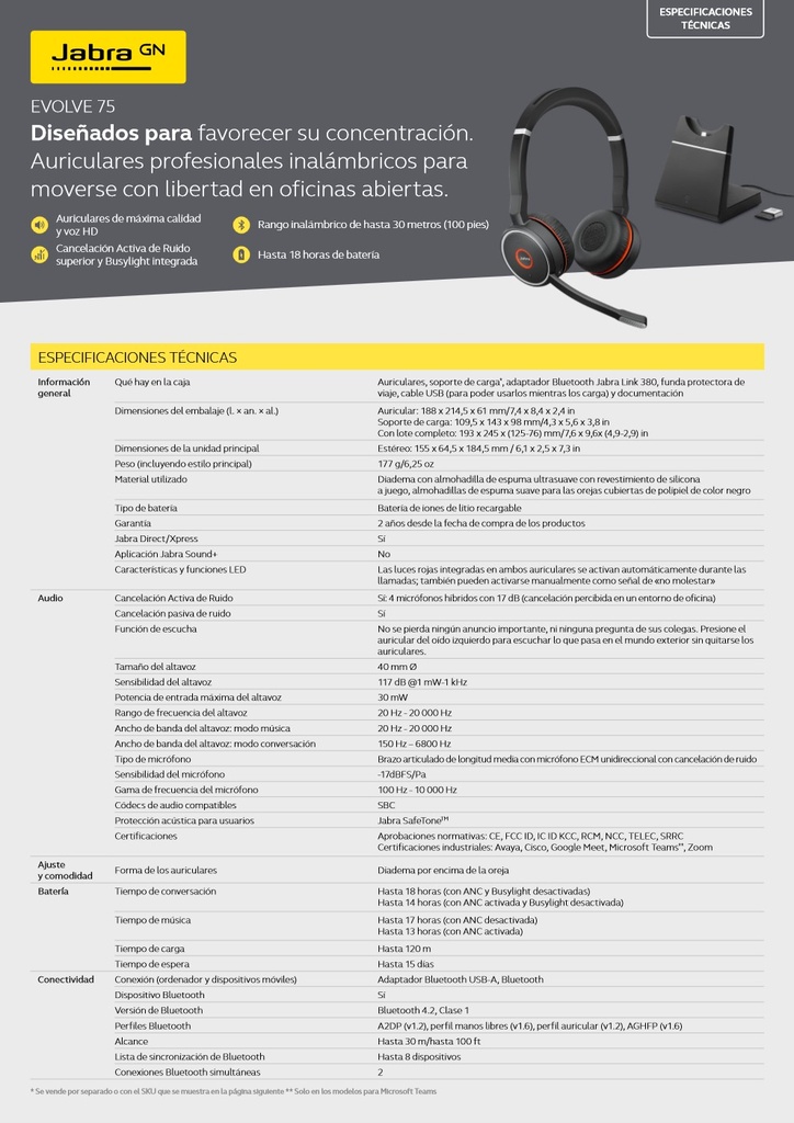 Jabra Evolve 75 SE MS Stereo, Bluetooth